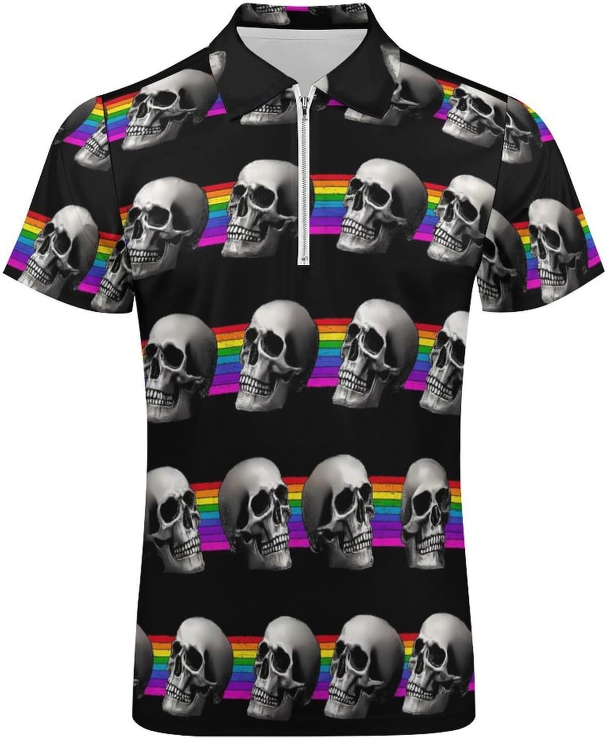Colorful Skulls Men's Polo Shirts Golf Short Sleeve Tops | Casual Workout,Golf T-Shirt,Zippered Tee,Collared,Print