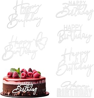 6PCS Silver Happy Birthday Cake Toppers Mirror Acrylic Cake Topper Happy Birthday Cupcake Toppers for Cakes Decor Party Decorations