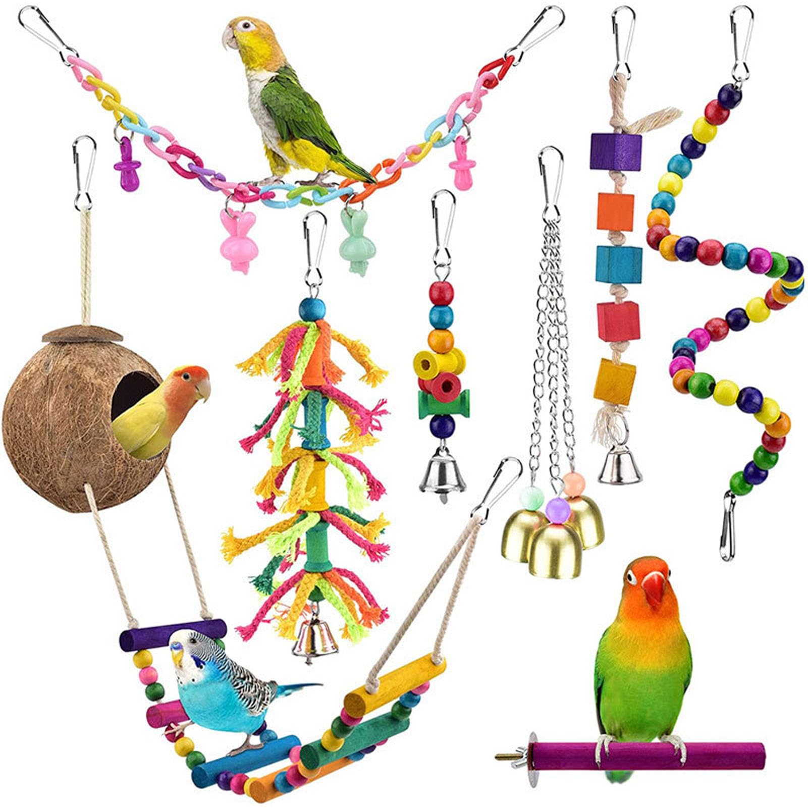 Juguete para pájaros, barra de cuerda con campana, papel masticable colorido, buscador de comida, adecuado para loros, entretenimiento y ejercicio