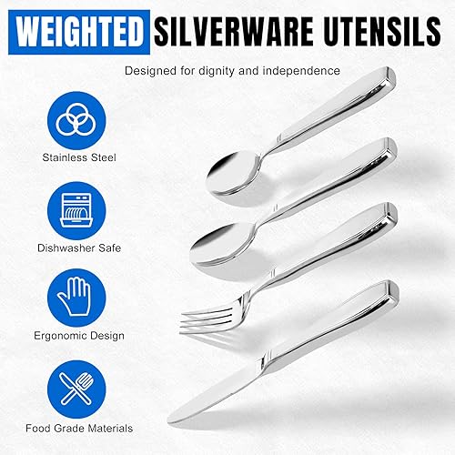 Miniatura 5 de Utensilios con peso para temblores de manos, utensilios adaptativos pesados para ancianos y artritis, ayudas alimenticias de acero inoxidable para
