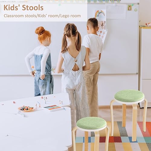 Miniatura 5 de Taburetes de madera, juego de 2 sillas redondas tapizadas sin espalda apilables para comedor, cocina, hogar, jardín, sala de estar y aula