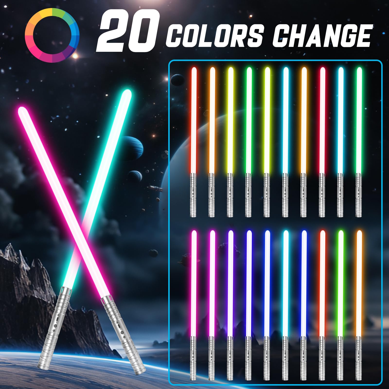 2PC RGB 20 Colori Duell Lightsaber 4 Suoni USB-C Ricaricabile Pulizia in Metallo Rimovibile