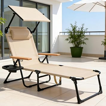 Folding Lounge Chair with 4-Position Reclining Back, Outdoor Sun Lounger Beige, with Canopy