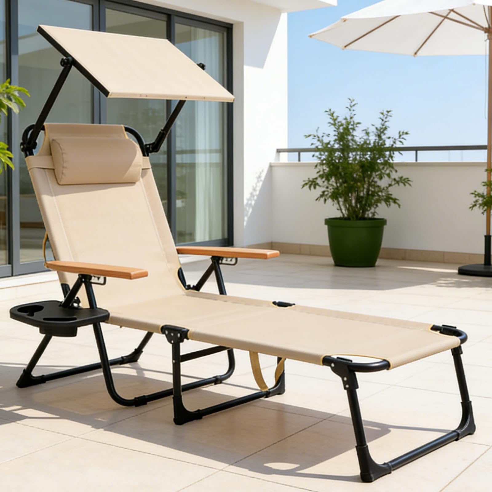 Gartenliege mit Sonnendach, Strandliege Klappbar Leicht, Sonnenliege Klappbar, Gartenliege Wetterfest, Verstellbare Campingliege für Garten, Balkon, Camping, Strand (Beige, Mit Sonnendach)