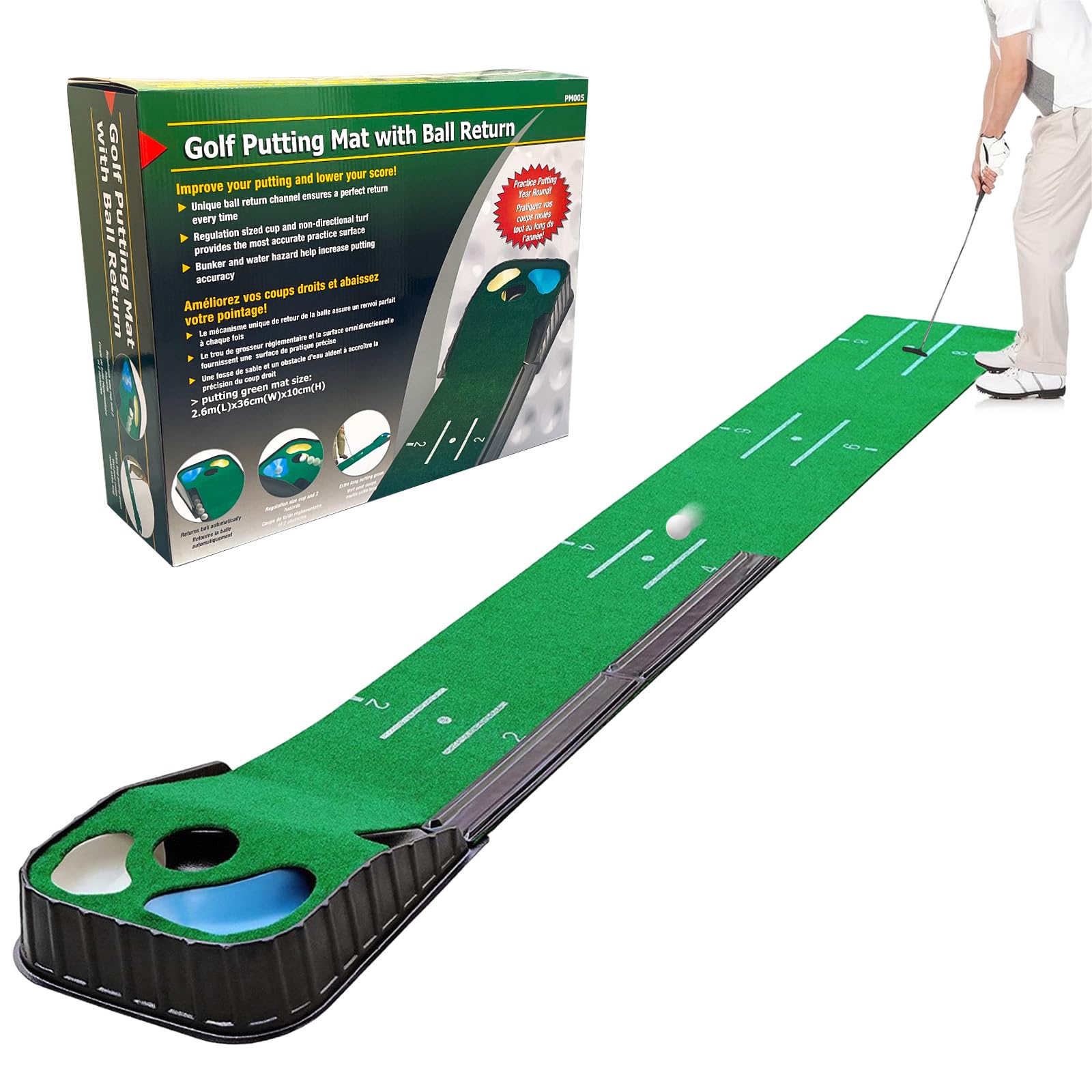 Juego de tapete de golf para interiores verde con bola automática y 3 agujeros ayuda de entrenamiento práctica