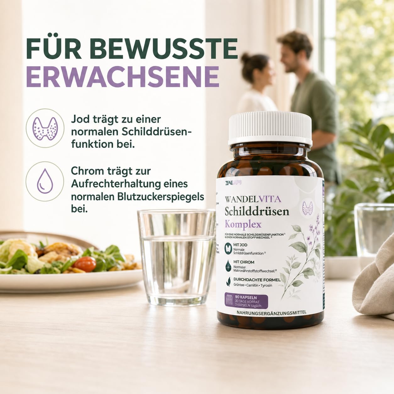 WANDELVITA Schilddrüsenkomplex – 90 vegane Kapseln – mit Jod & Chrom für normale Schilddrüsenfunktion und normalen Makronährstoffstoffwechsel – L-Carnitin, Grüntee, Grünkaffee, Tyrosin