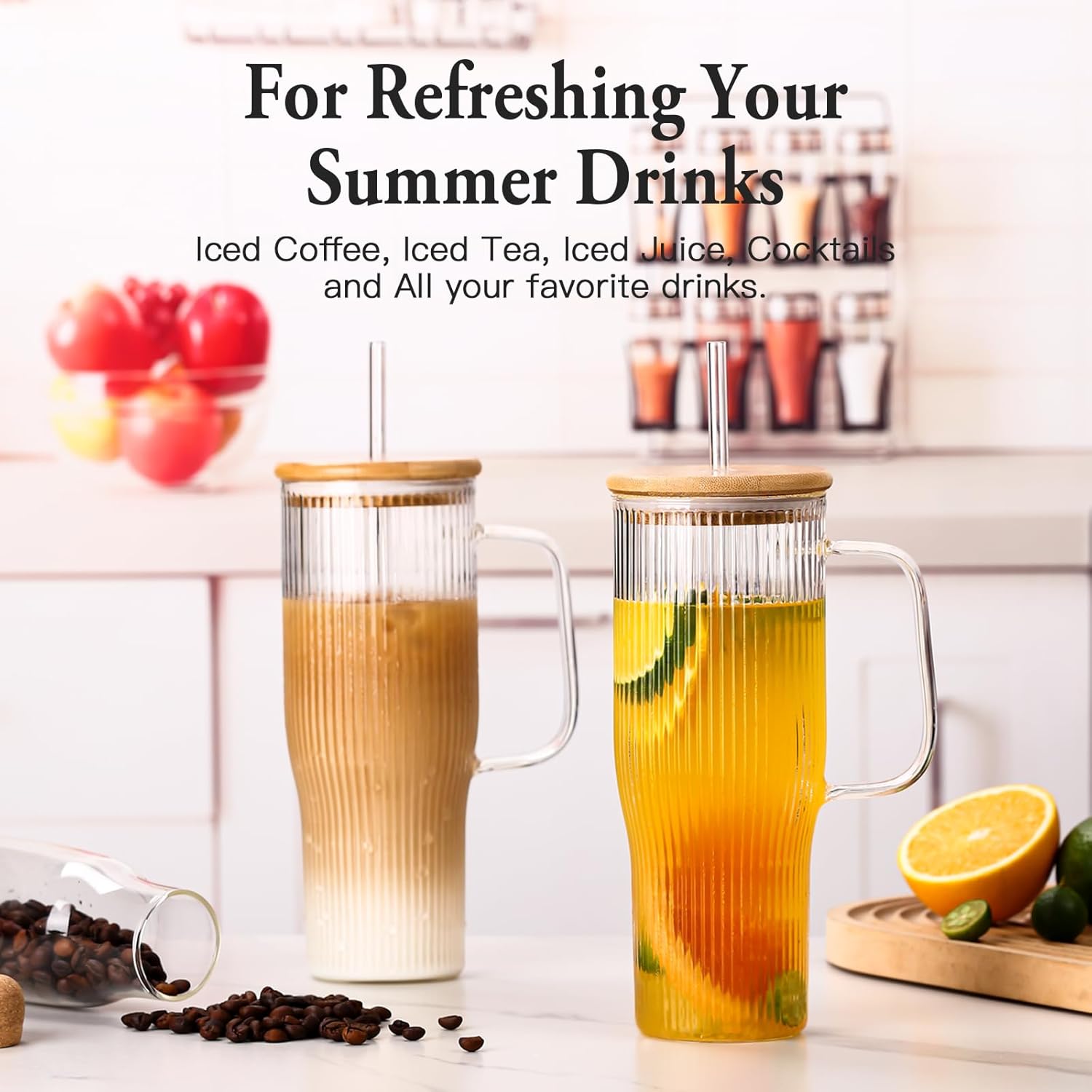 32 oz Ribbed Glass Tumbler with Handle, 2 Pack Glass Cups with Lids and Straws, Iced Coffee Cup,Borosilicate, with Bamboo Lid and 4 Straws - Image 7