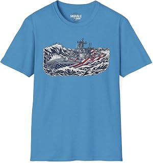 Battleship American Flag Waves T-Shirt | Patriotic Navy Ship Ocean Graphic Tee for Men Women