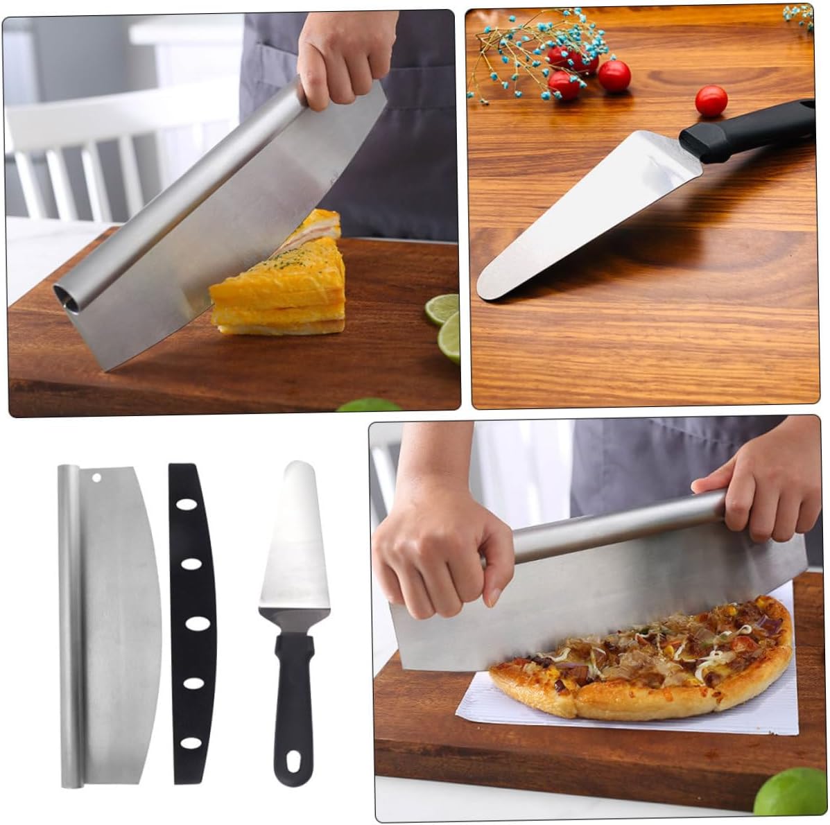 VOSAREA Pizza Cutter and Peel Set, 2pcs Stainless Steel Wheel Slicer with Pp Cover and Triangle Spatula, Multifunctional Kitchen Baking Tool for Pizza Making and Serving