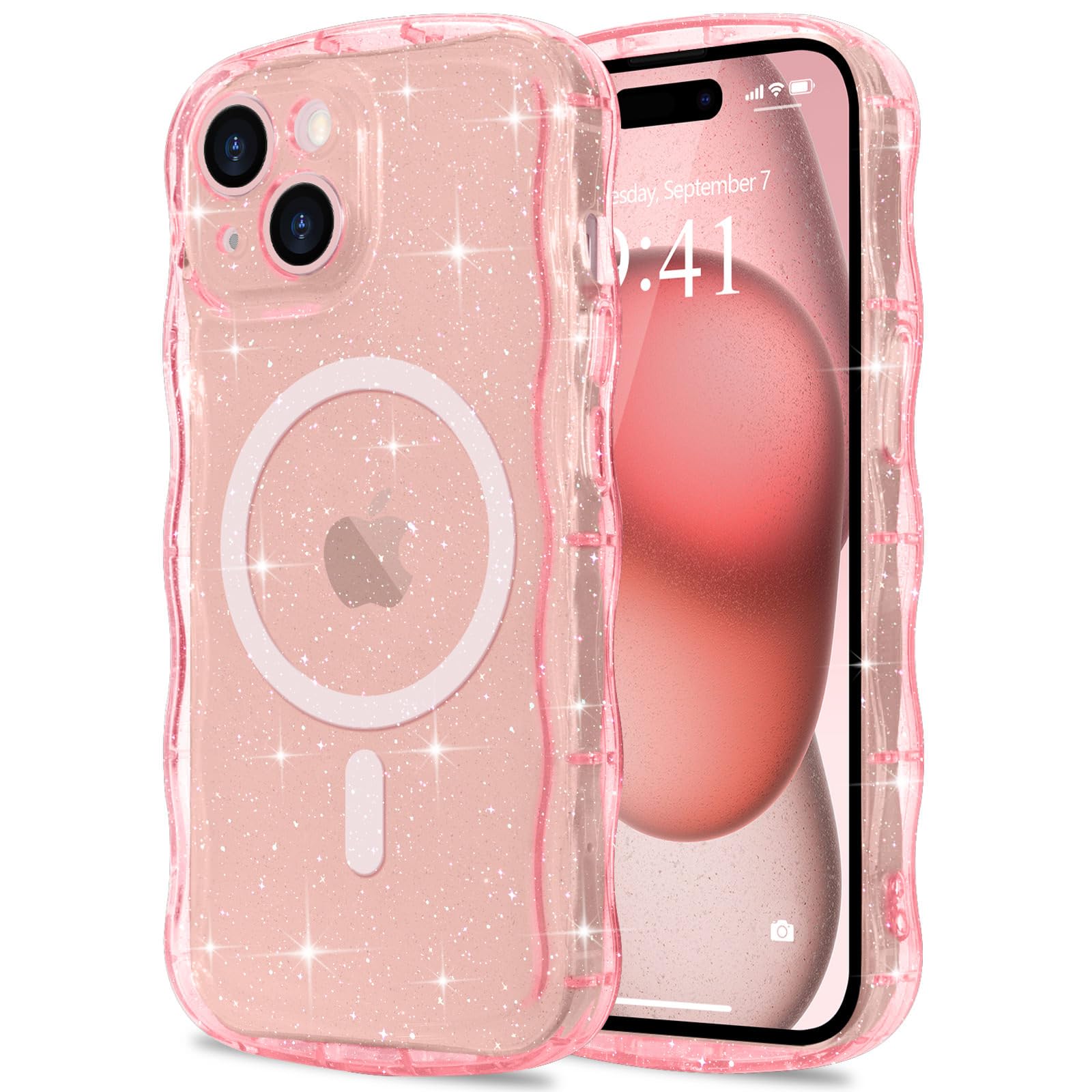 Pepmune Magnetic for iPhone 15 Case Clear, Sparkly Bling Glitter Cute Curly Wave Transparent Cover for Women Men Compatible with MagSafe TPU