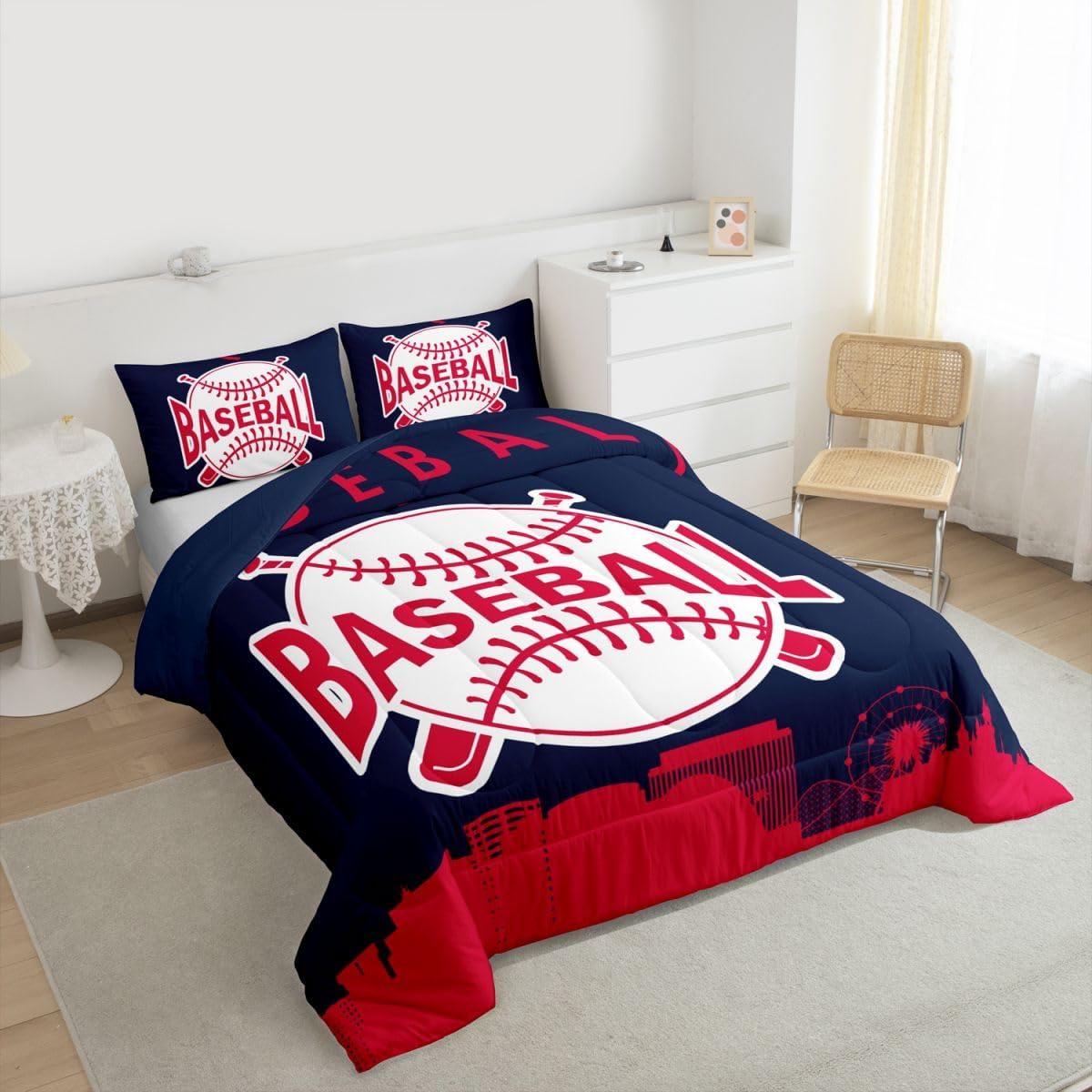 Erosebridal Baseball Queen Comforter Set for Boys, Baseball City Bedding Set Sports Games Quilt for Kids Teens Adult Bedroom Decor, American City Silhouette Down Comforter,Navy Blue Red