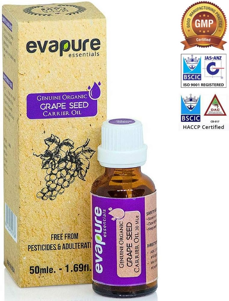 Evapure Grapeseed Oil for natural hair growth, Soft Skin & Sensual Massage, Certified 100% Pure (30ml) - ColdPressed