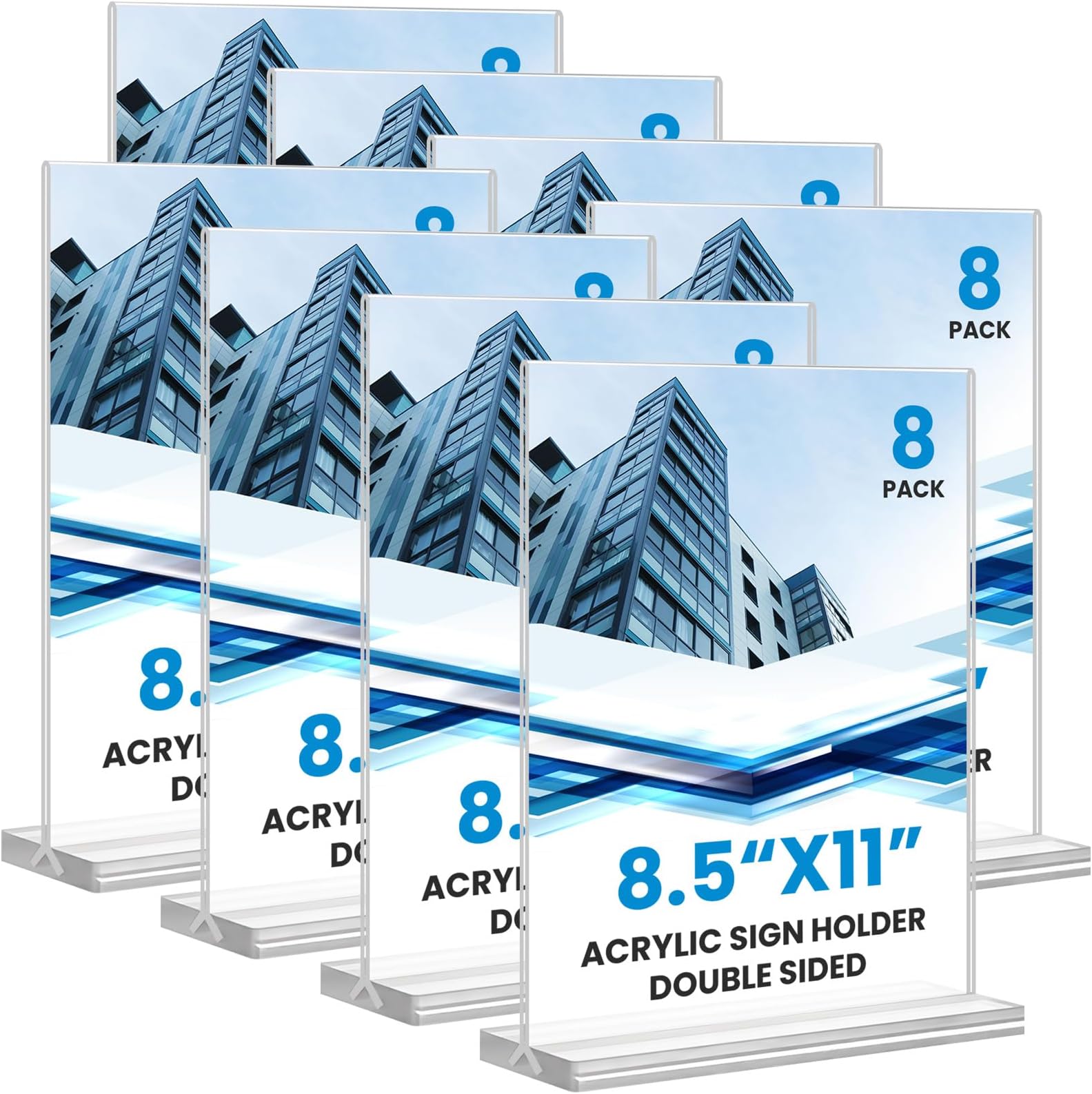 HRSDEIE Acrylic Sign Holder 5x7, 10 Pack Clear TableTop Sign Holder-Sided, Plastic Flyer Display Holder with Vertical Base (Vertical 8 Pack 8.5X11)