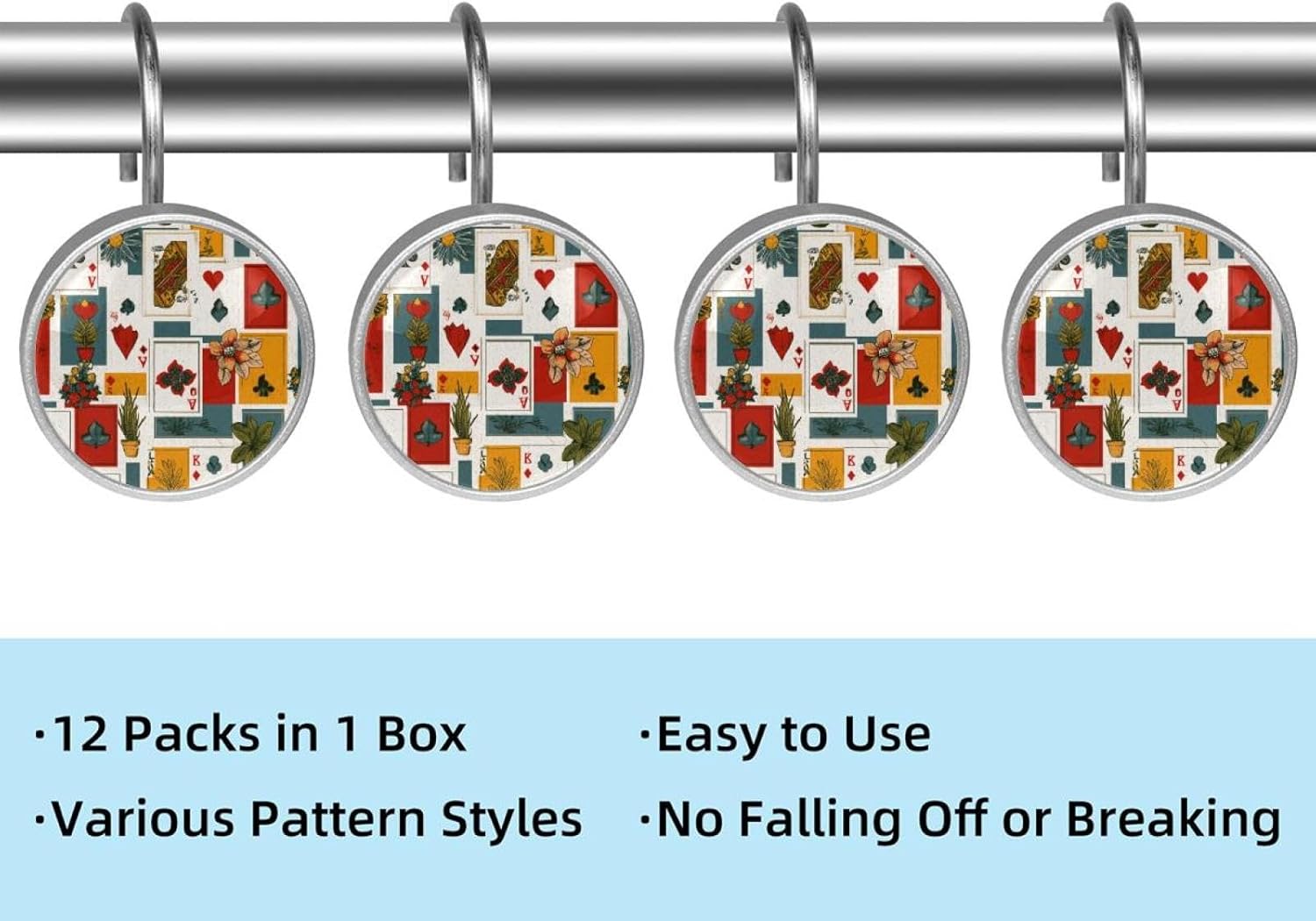 12PCS Poker Aesthetic Vintage Pattern (2) Shower Curtain Hooks Rings for Bathroom, Decorative Shower Curtain Hooks Rods Curtains and Liner