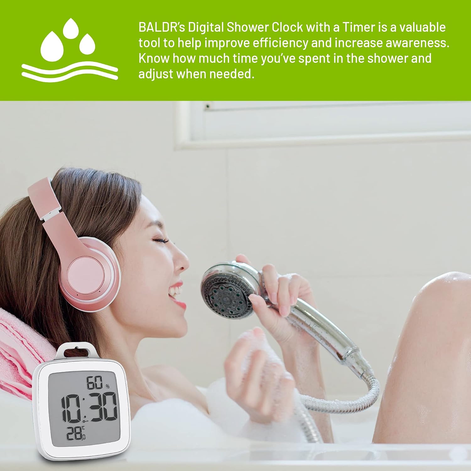 BALDR Digital Shower Clock with Timer - Waterproof Shower Timer for Kids and Adults - Perfect Bathroom Clock That Displays Time and Temperature - Battery Operated Digital Clock and Waterproof Timer
