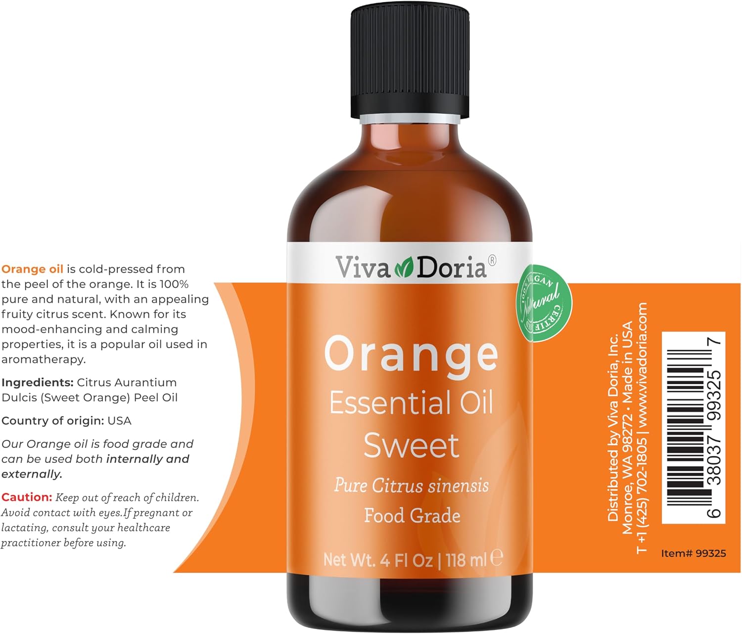 Viva Doria Orange Essential Oil, Food Grade, Made in USA, 118 mL (4 fl oz) image 2