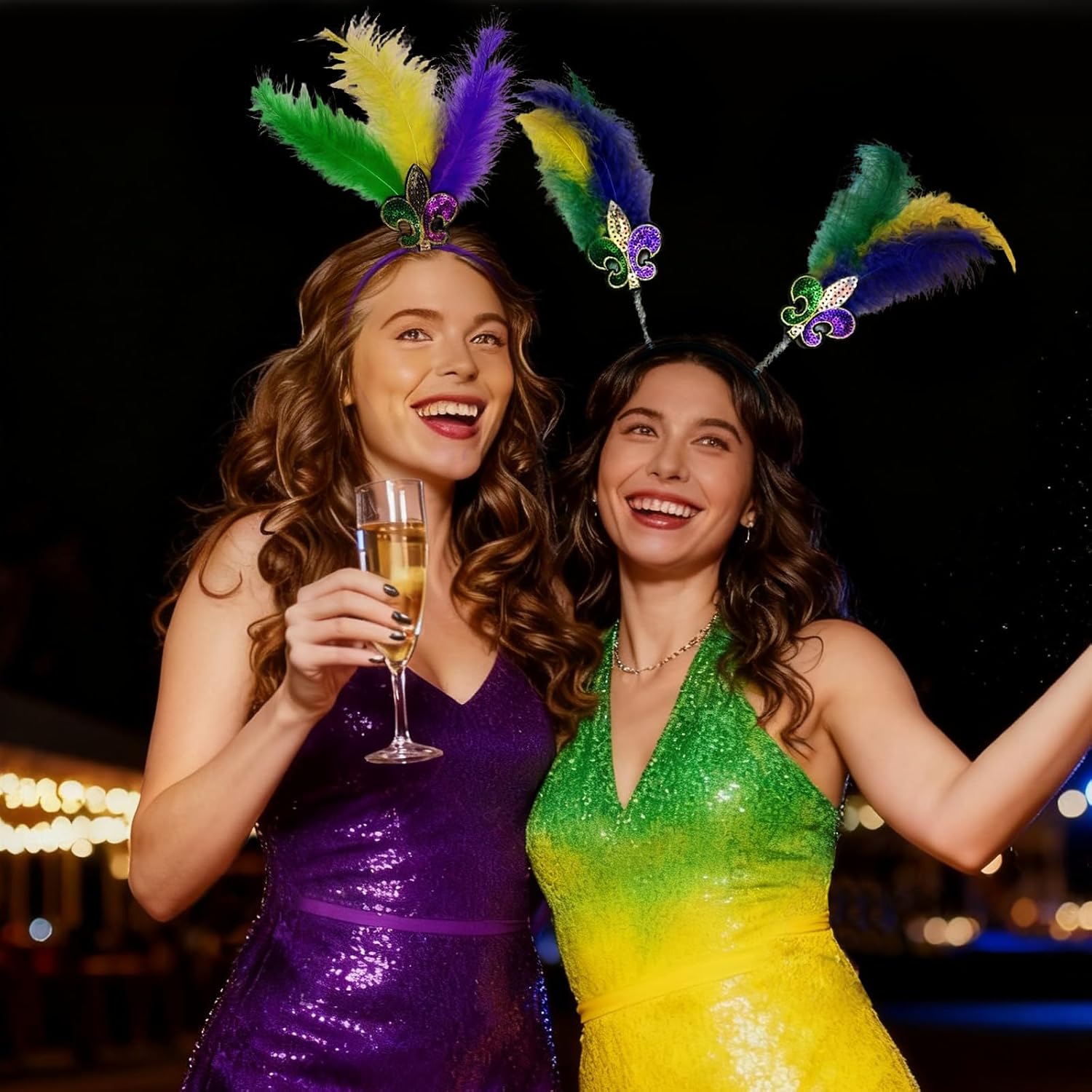 Mardi Gras Headbands with Feathers, 6-Pack, Fleur De Lis Design, Purple Yellow Green - Image 5