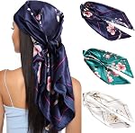 35” Grande écharpe de tête satinée carrée - 3Pcs Echarpes de cheveux satinées en soie Bandana Echarpe de plage Headscarf Soie Feeling Echarges pour femmes