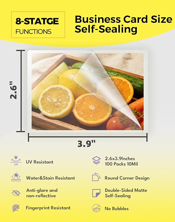 Uinkit 10Mil Matte Self-Seal Double-Sided Laminating Pouches | 2.6x3.9 Business Card Glare & Fingerprint Resistant for Restaurant IDs, School Badges, Corporate Access - No Machine