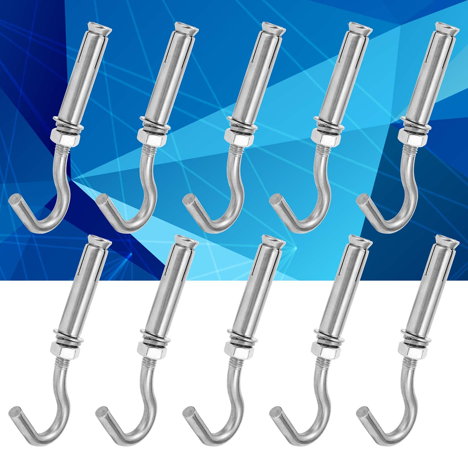 Glomora M8 Expansion Hook (10-Pack), Stainless Steel Open Cup Hook Bolts, Heavy-Duty Anchoring for Concrete & Brick Applications