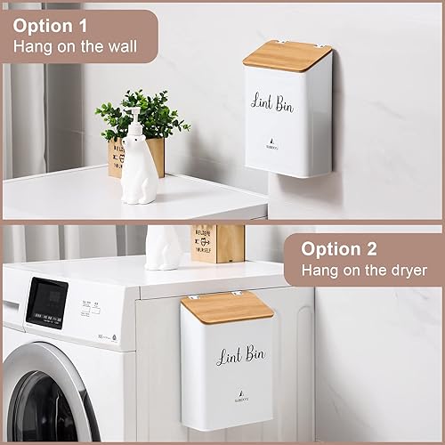 Miniatura 3 de SUBEKYU Contenedor magnético de pelusa con tapa de bambú y soporte para hojas de secadora para lavandería, cubo de basura de metal con tapa y caja