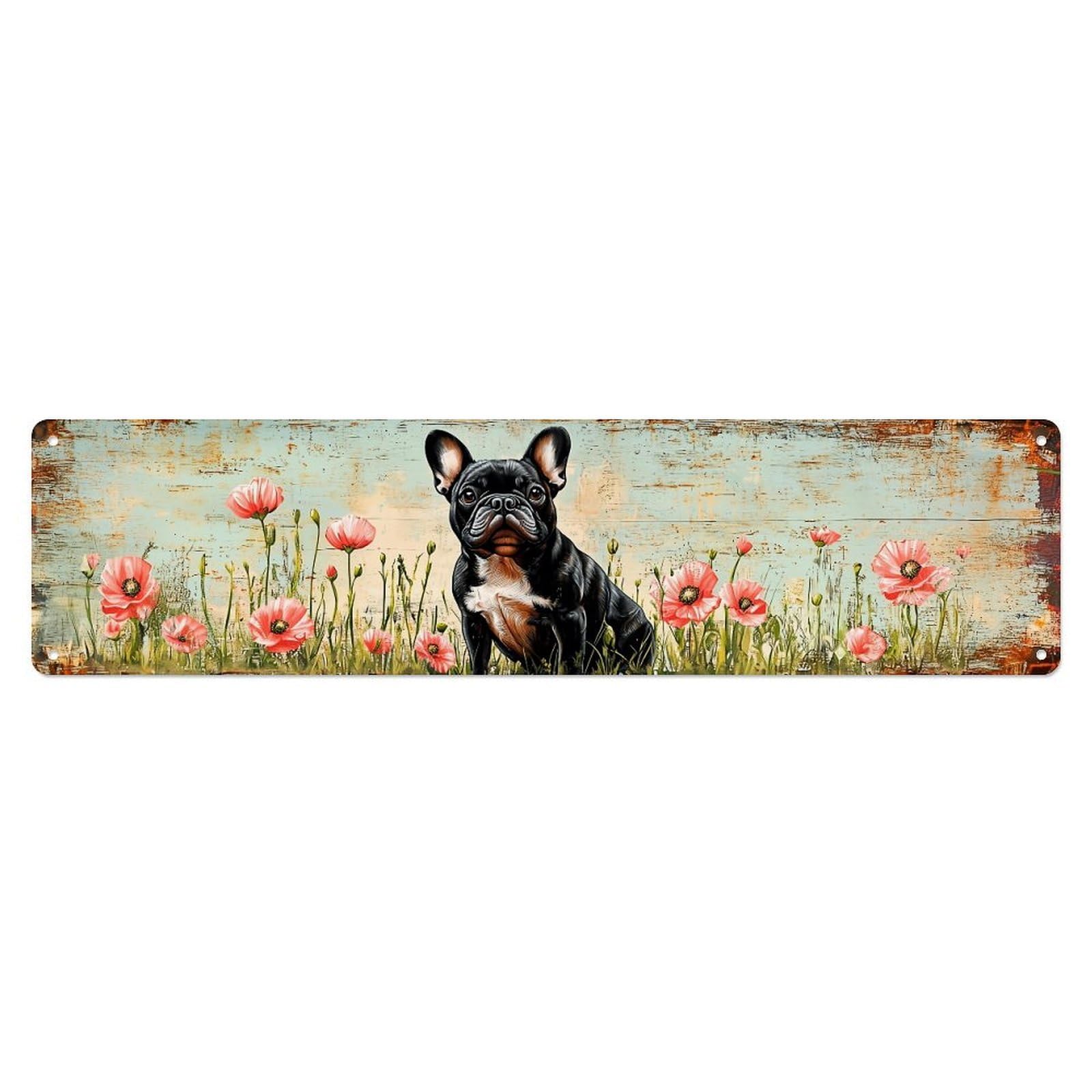 Black French Bulldog In Poppies Metal Tin Sign Plaque