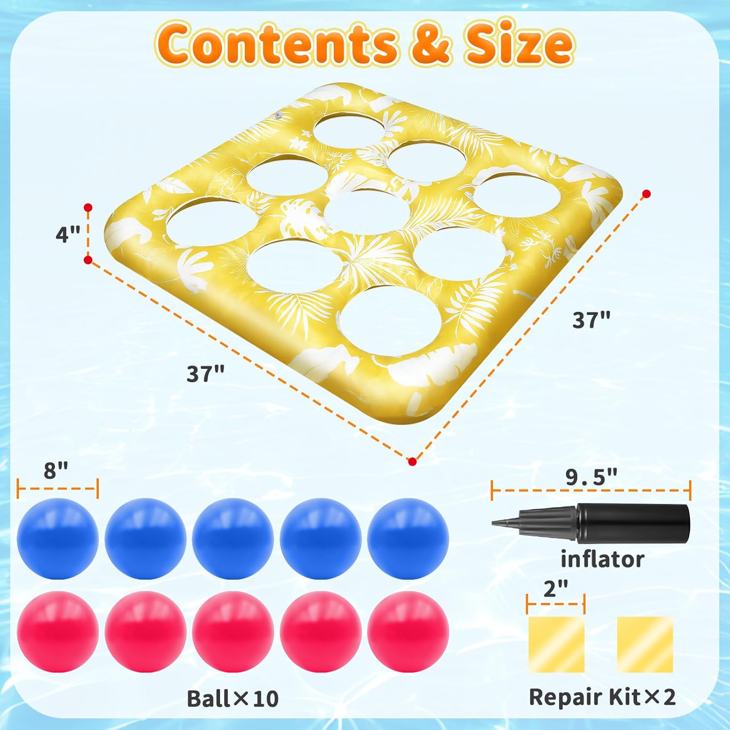 Intoypad Pool Toys for Kids Adults, Tropical Leaves Inflatable Swimming Pool Tic Tac Toe Game with 10 Balls Fun Summer Party Lake Above Ground Float Game Water Ball Toys for Kids Teens Adult (Yellow)