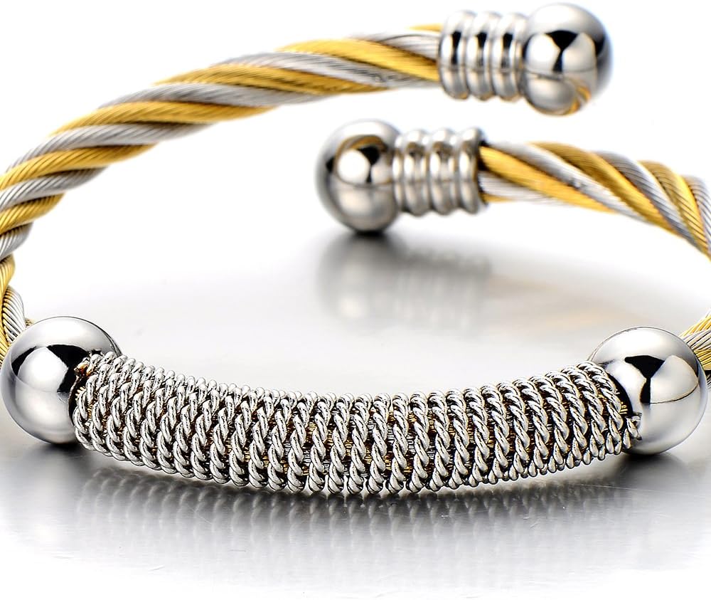 COOLSTEELANDBEYOND Stainless Steel Twisted Cable Cuff Bangle Bracelet for Mens for Women Silver Gold Two-Tone Polished - Image 3
