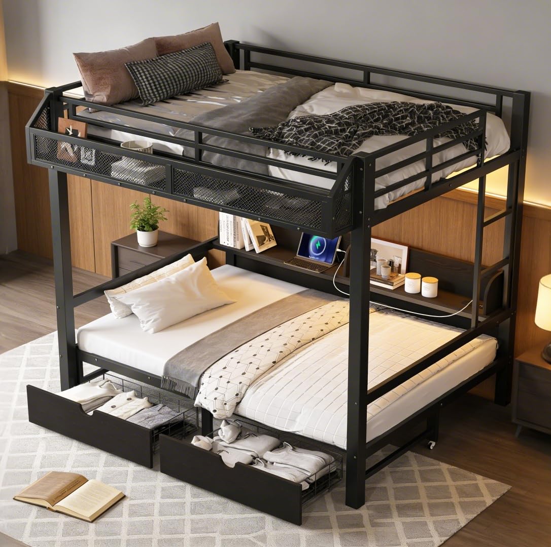 Fully assembled Bellemave Full Over Full Bunk Bed in black metal, featuring storage shelves, drawers, and an integrated ladder.