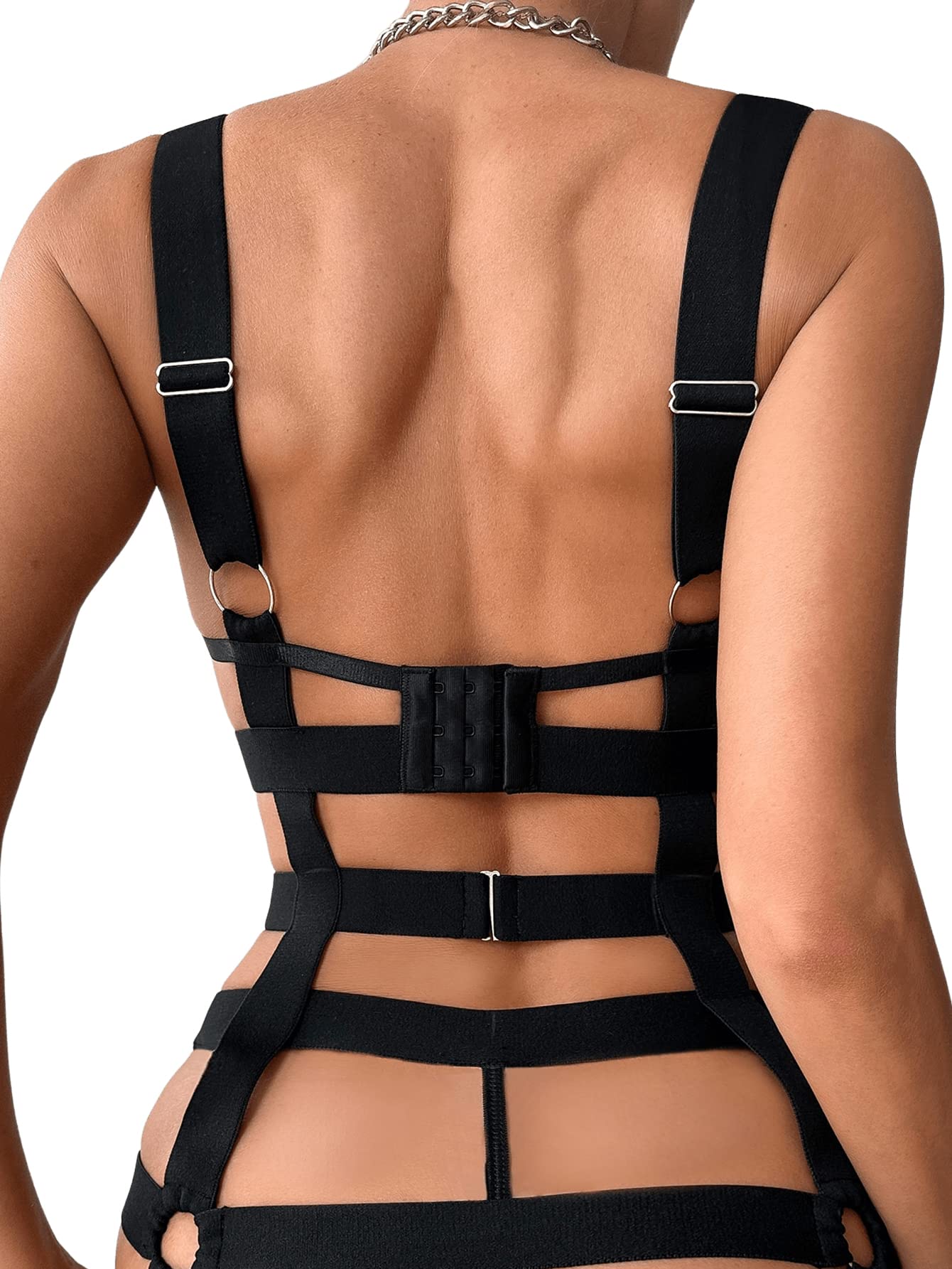 SOLY HUX Lingerie Set for Women 4 Piece Cutout Underwire Lingerie Set Bra and Panty with Leg Ring: Large Solid Black