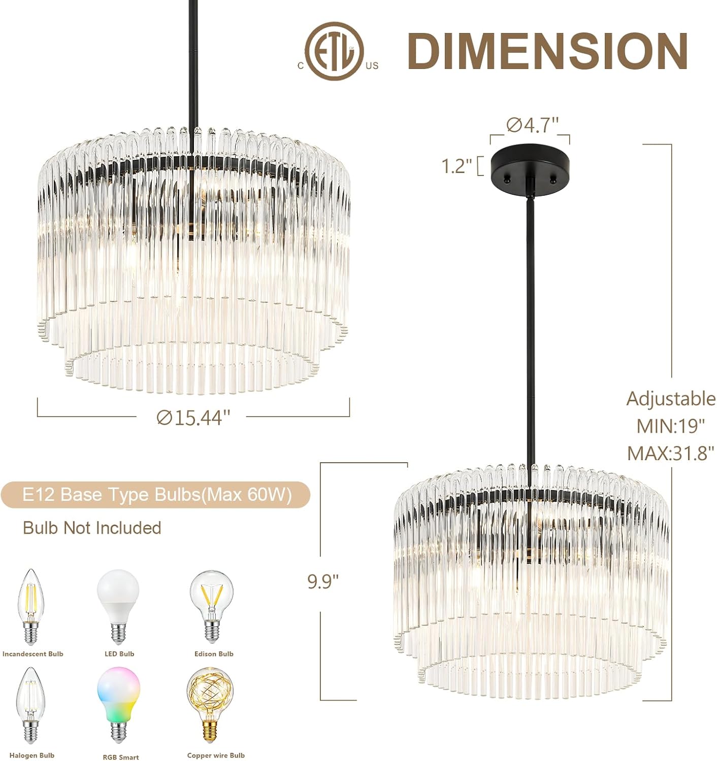 15.44" Drum Chandeliers Dining Room Black Modern Round Glass Brushed Nickel Chandelier 6-Lights with Crystals for Living Room Kitchen Island Entryway Foyer Stairway Light Fixture
