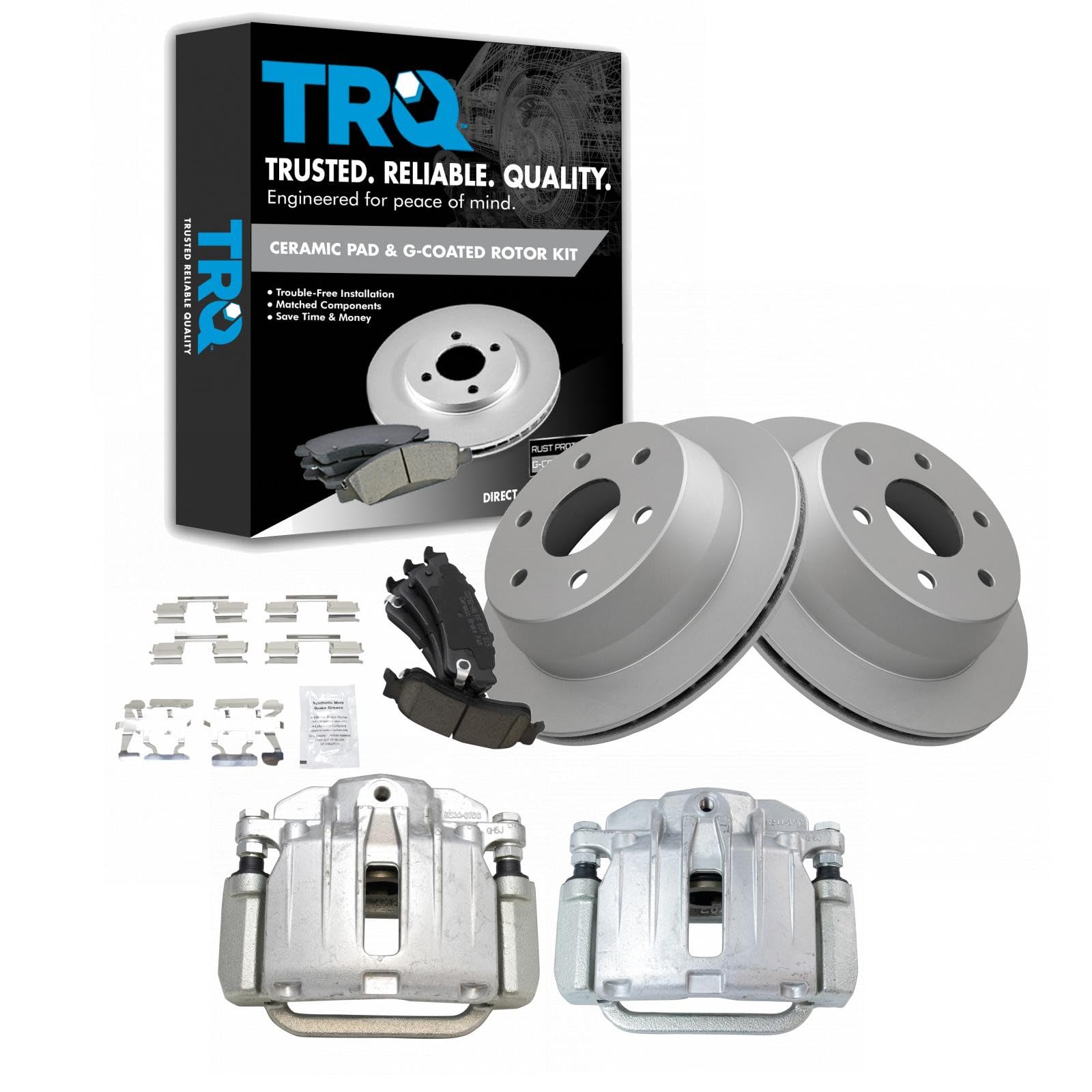TRQ Rear Brake Pad and Rotor Set Ceramic G Coated Vented Rotors Calipers