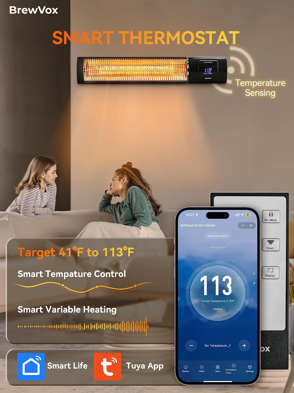 Smart Carbon Fiber Infrared Patio Heater, Instant Warmth Electric Outdoor Heater with App & Remote Control, Energy-Saving Eco Thermostat, 24H Timer, Wall, Ceiling & Stand Mount