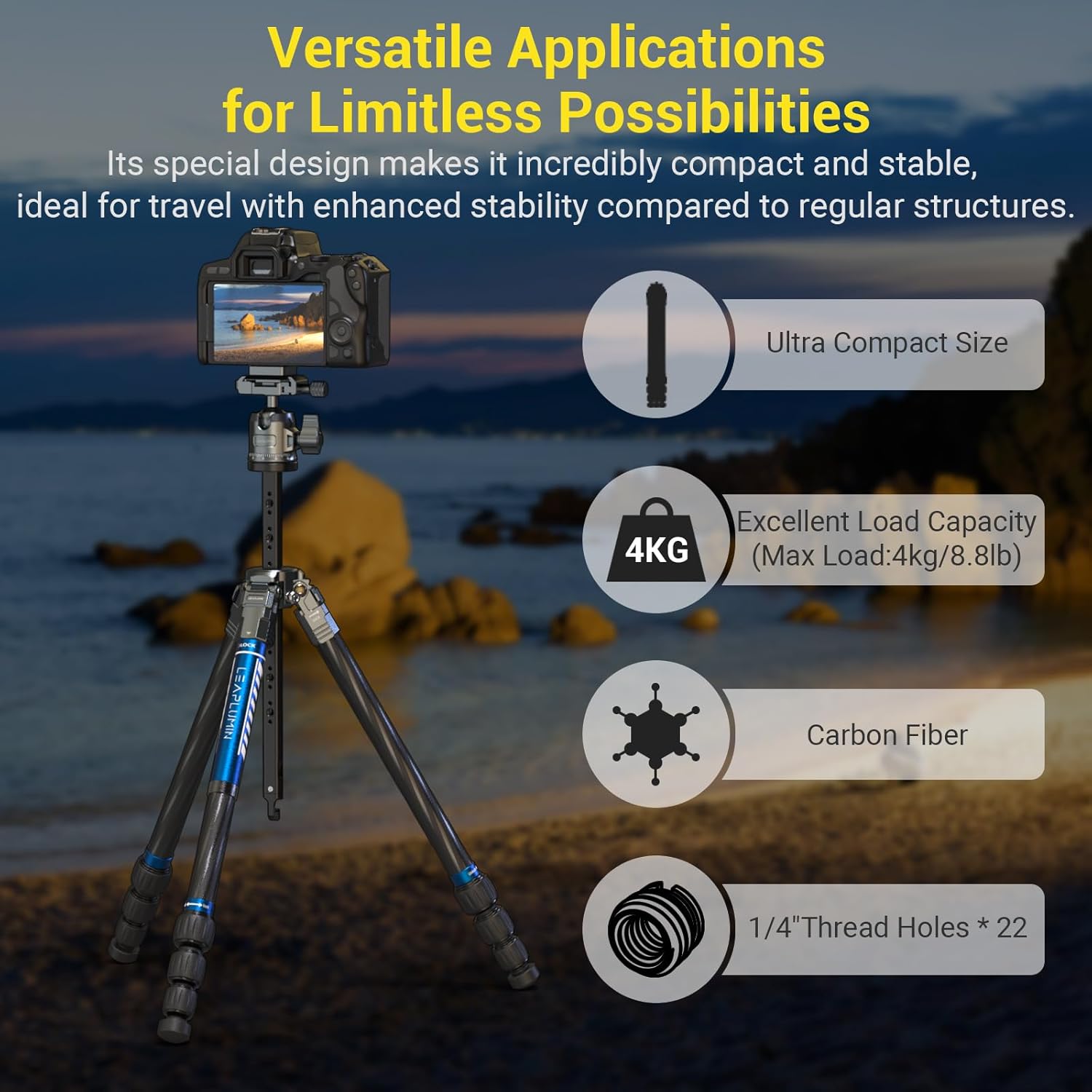 59” Carbon Fiber Tripod for Camera, 4 Section Compact Travel Tripod with 360° Fluid Head, Leveling Bowl Base & Center Column,1.26kg Ultralight for Travel Photo&Video