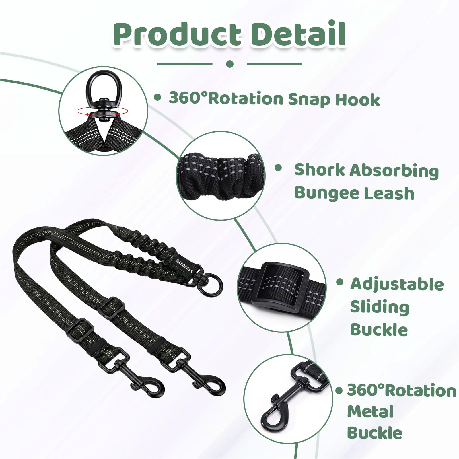 Double Dog Leash for 2 Dogs - No Tangle 360°Swivel Splitter with Reflective Stitching, Adjustable Length and Stretchy Shock-Absorbing Comfort, for Small/Medium Dogs Walking Training (S(2.0cm) - 3