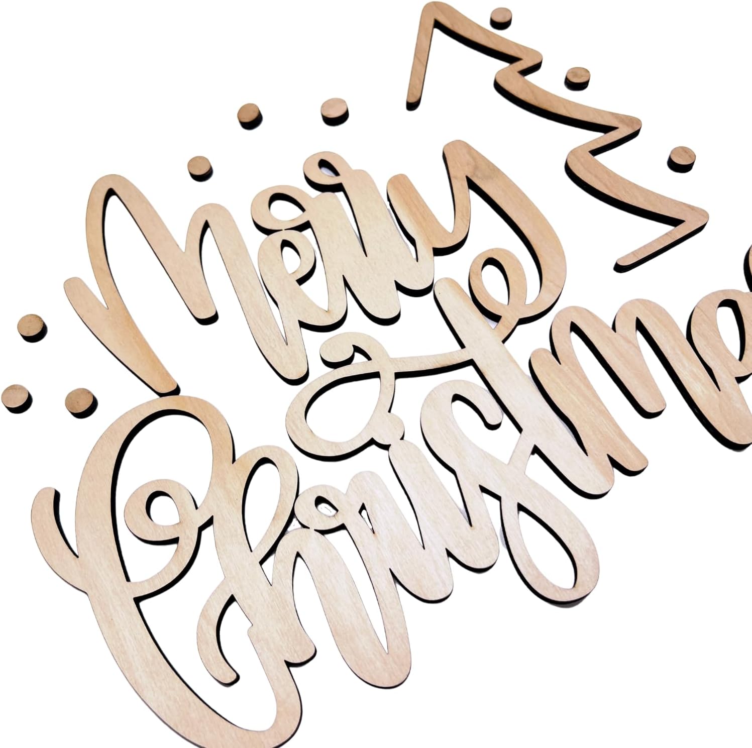 1/4" Birch Wood Merry Christmas with Tree and Snow Wood Words Cutout | Merry Christmas Wood | Christmas Wreath | Christmas Door Hanger | Wood Shapes | 20"