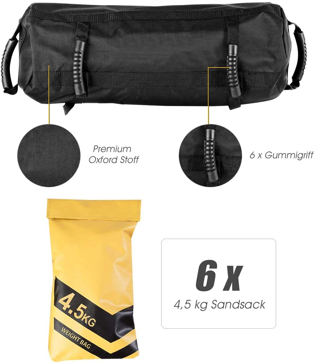 RELAX4LIFE Sandbag 4,5-27 kg, Gewichtssack mit 6 Gummigriffe, Trainingssandsack inkl. Oxford-Tasche, Sandsack einstellbar, Force Bag Functional für Krafttraining Fitness Gewichtheben