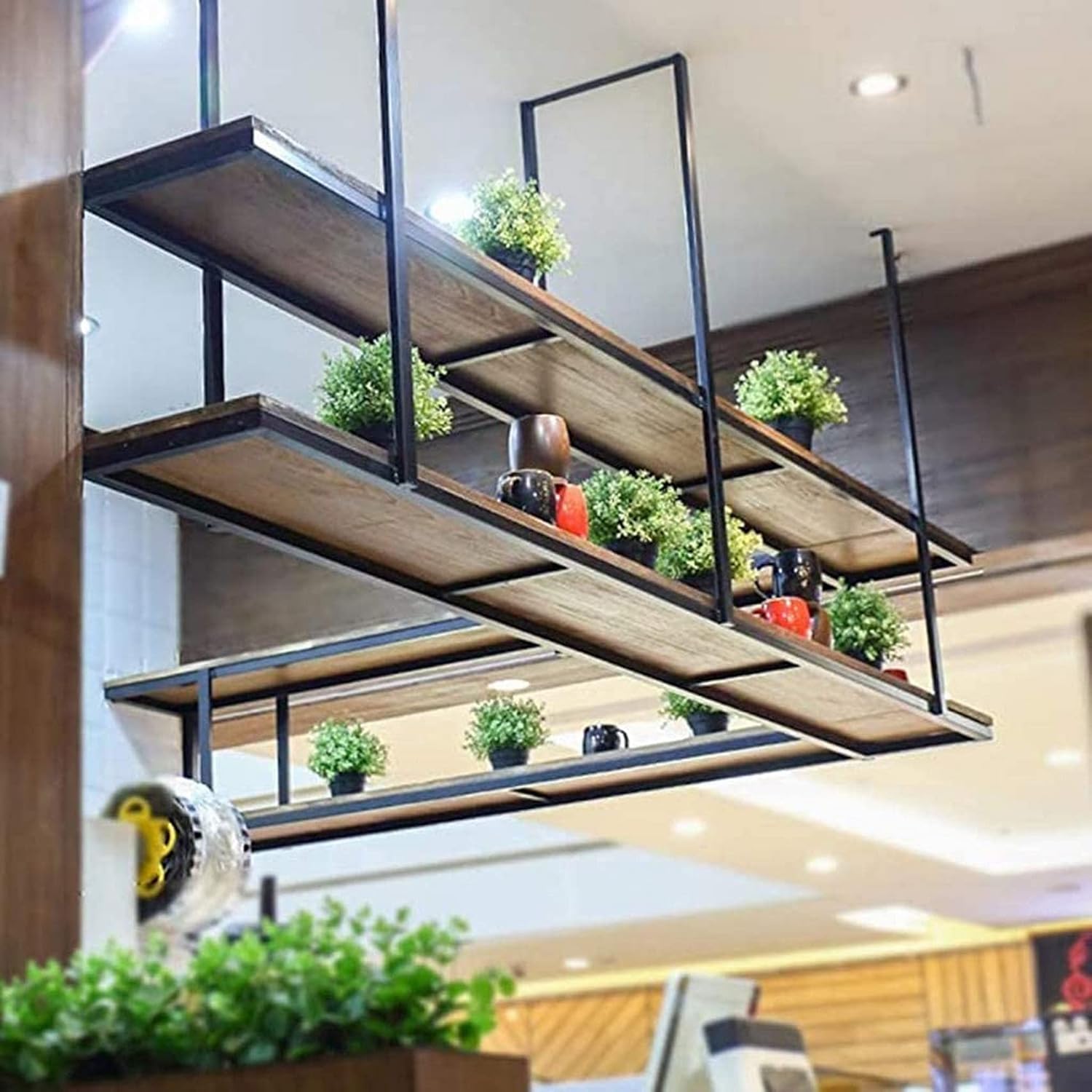 Wine Rack Wine Shelf Bar Restaurant Home 2-Tiers Industrial- Solid Wood Ceiling Decoration Shelf- Multifunction Restaurants Kitchens Storage Rack