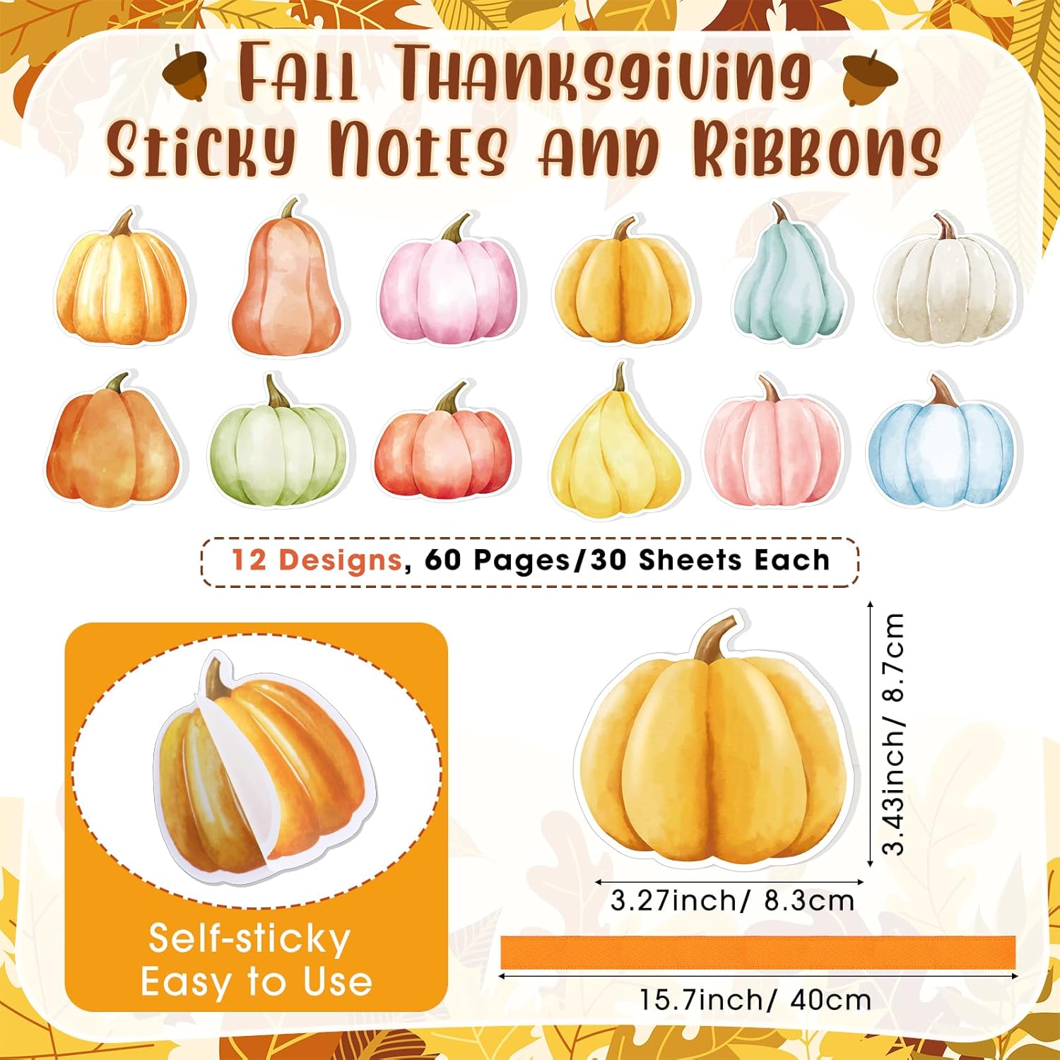 96 Pcs Thanksgiving Sticky Notes and Pens Set, 48 Thanksgiving Notepads 48 Fall Ballpoint Pens - Pumpkin Shape Note Pads Fall Party Favors for Coworkers Gifts School Classroom Office Supplies