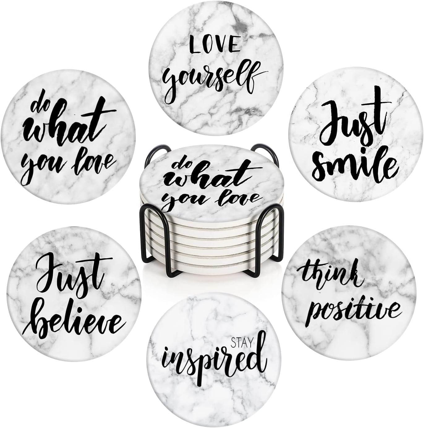 Britimes Coaster for Drinks Set of 6, Marble What You Love Inspirational Absorbent Round Ceramic Stone Mat, with Cork Base and Metal Holder, Gift for Housewarming Room Bar Decor