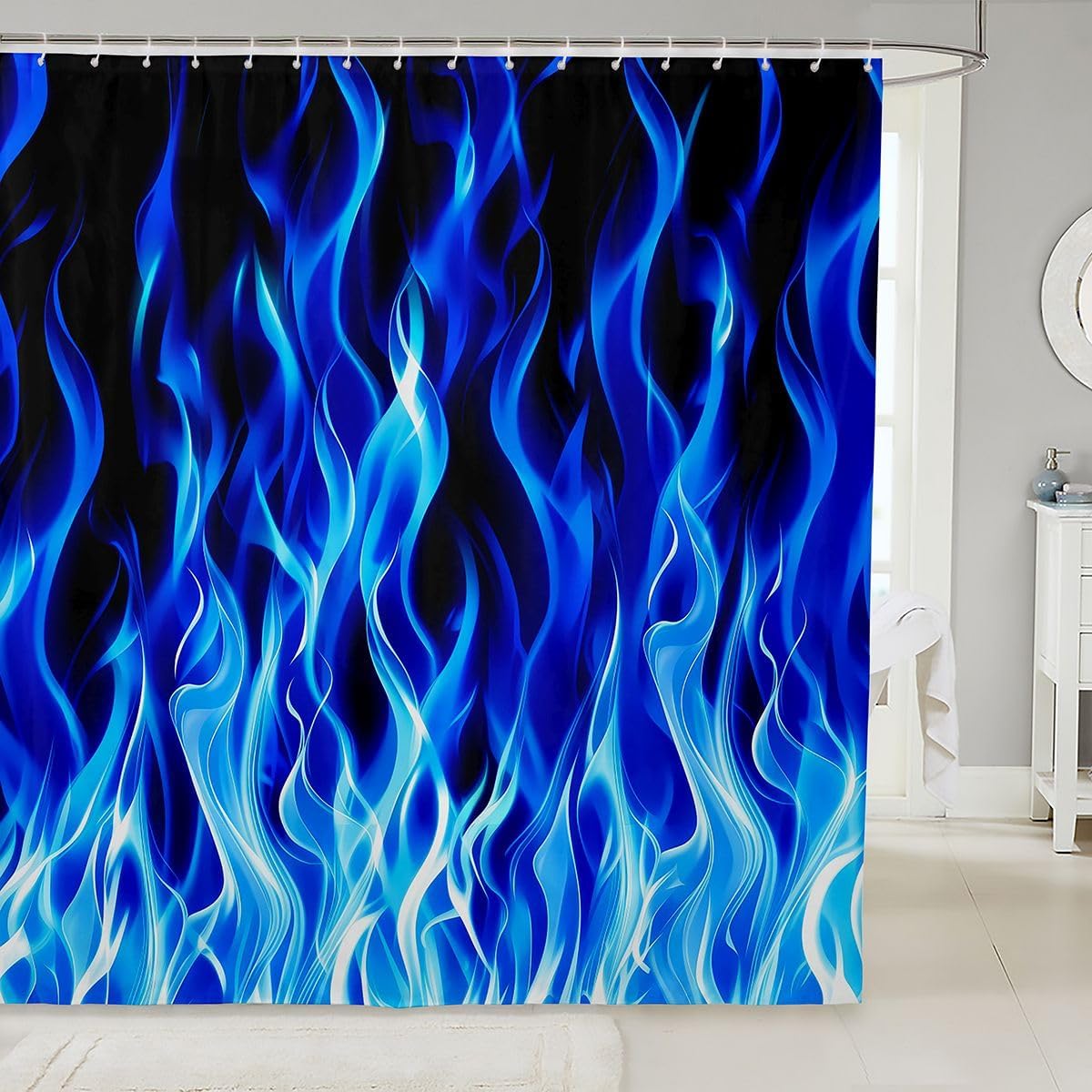 Homewish Blue Flame Shower Curtain Set,Gradient Fire Smoke Bathroom Curtain,Kids Girls Teens Cool Burning Flames Waterproof Fabrics Modern Abstract Fashion Bathroom Decor with 12 Hooks,72" W x 72" L