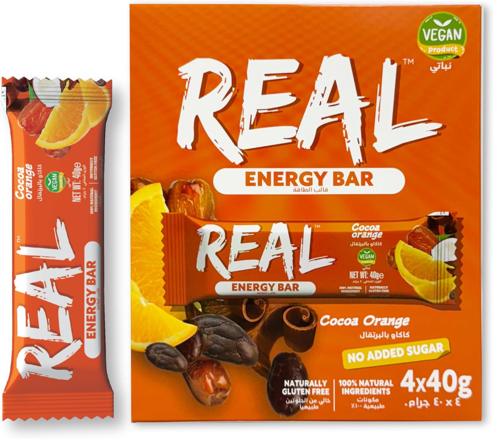 SuperlifeReal Energy Bar Cocoa Orange Flavor | Pack of 4 x 40Grams | 100% Natural Ingredients | Naturally Gluten Free | Sugar Free Daily Snack | Vegan | 160 Grams