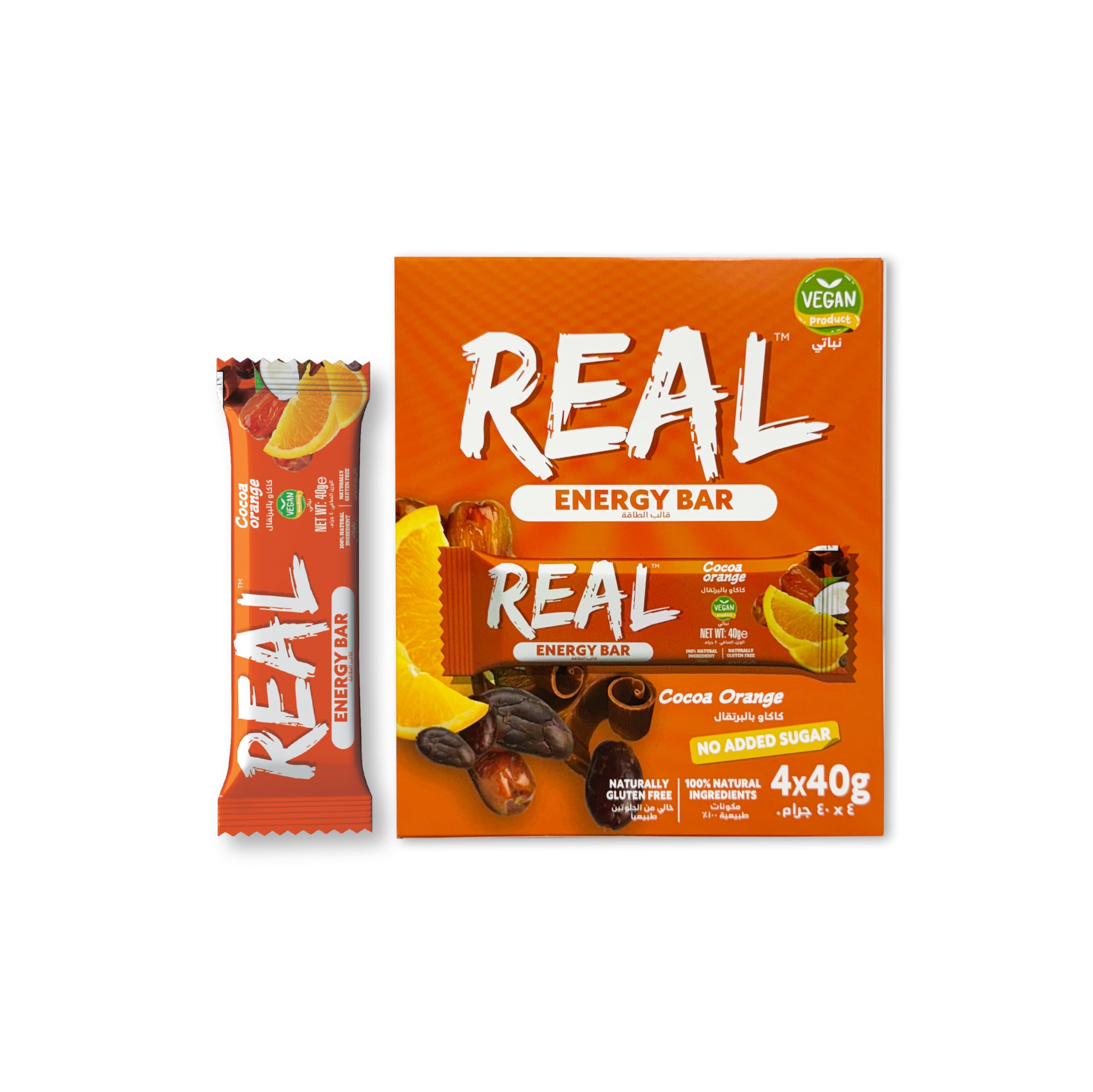 SuperlifeReal Energy Bar Cocoa Orange Flavor | Pack of 4 x 40Grams | 100% Natural Ingredients | Naturally Gluten Free | Sugar Free Daily Snack | Vegan | 160 Grams