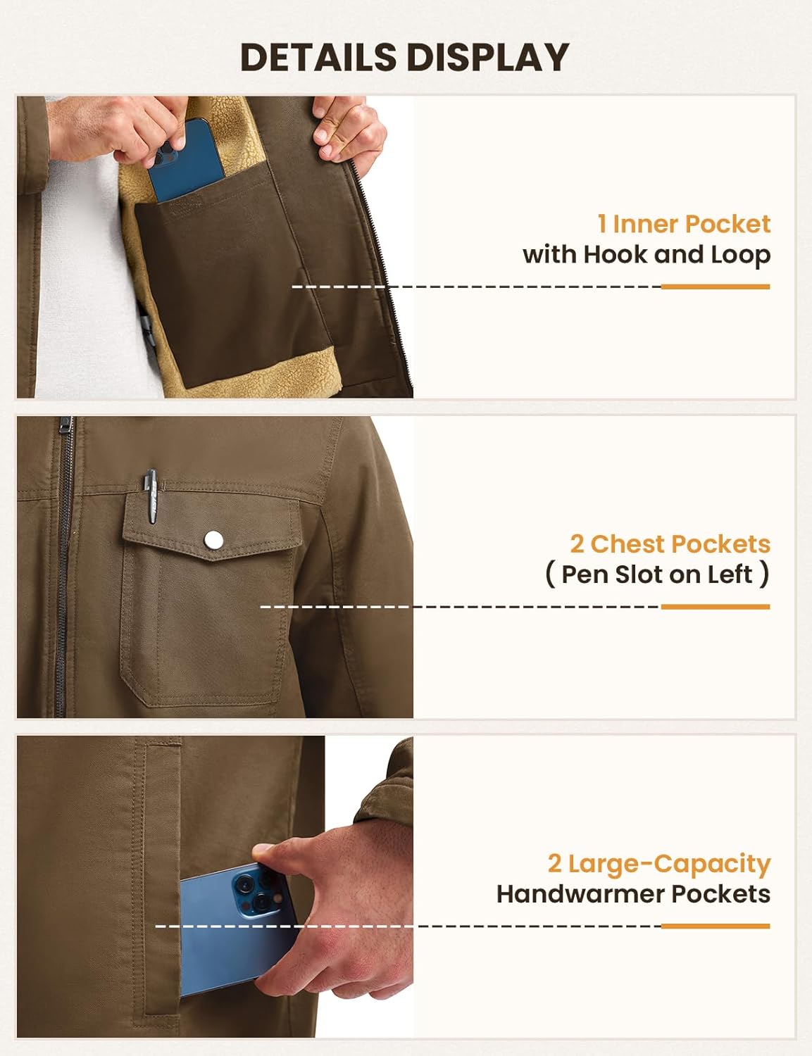 Rdruko Men's Winter Workwear Jackets, Sherpa Detroit Barn Trucker Fleece Jacket 5 Pockets Full Zip Heavy Warm Cotton Coats - Image 5