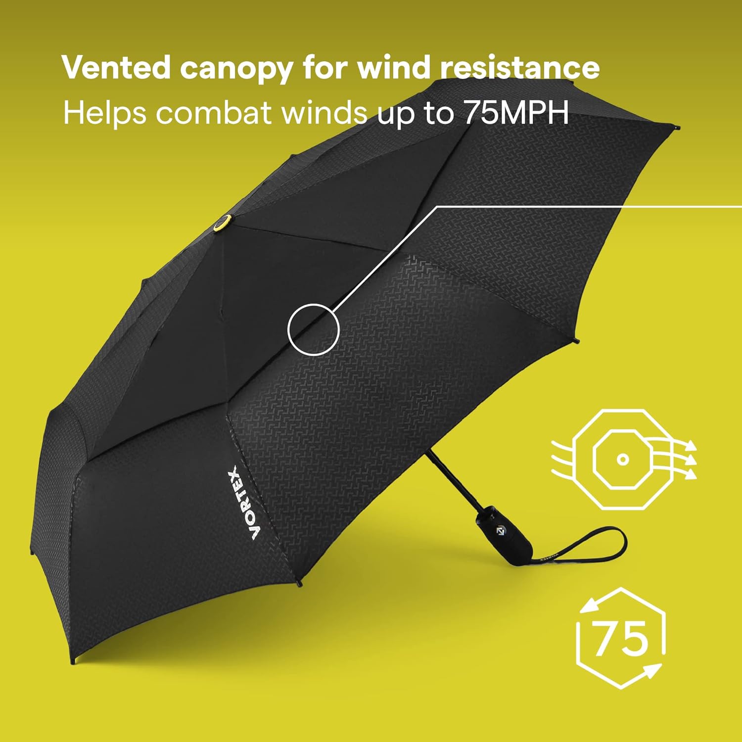 Close-up of the vented canopy of the ShedRain Vortex V2 umbrella, highlighting wind resistance