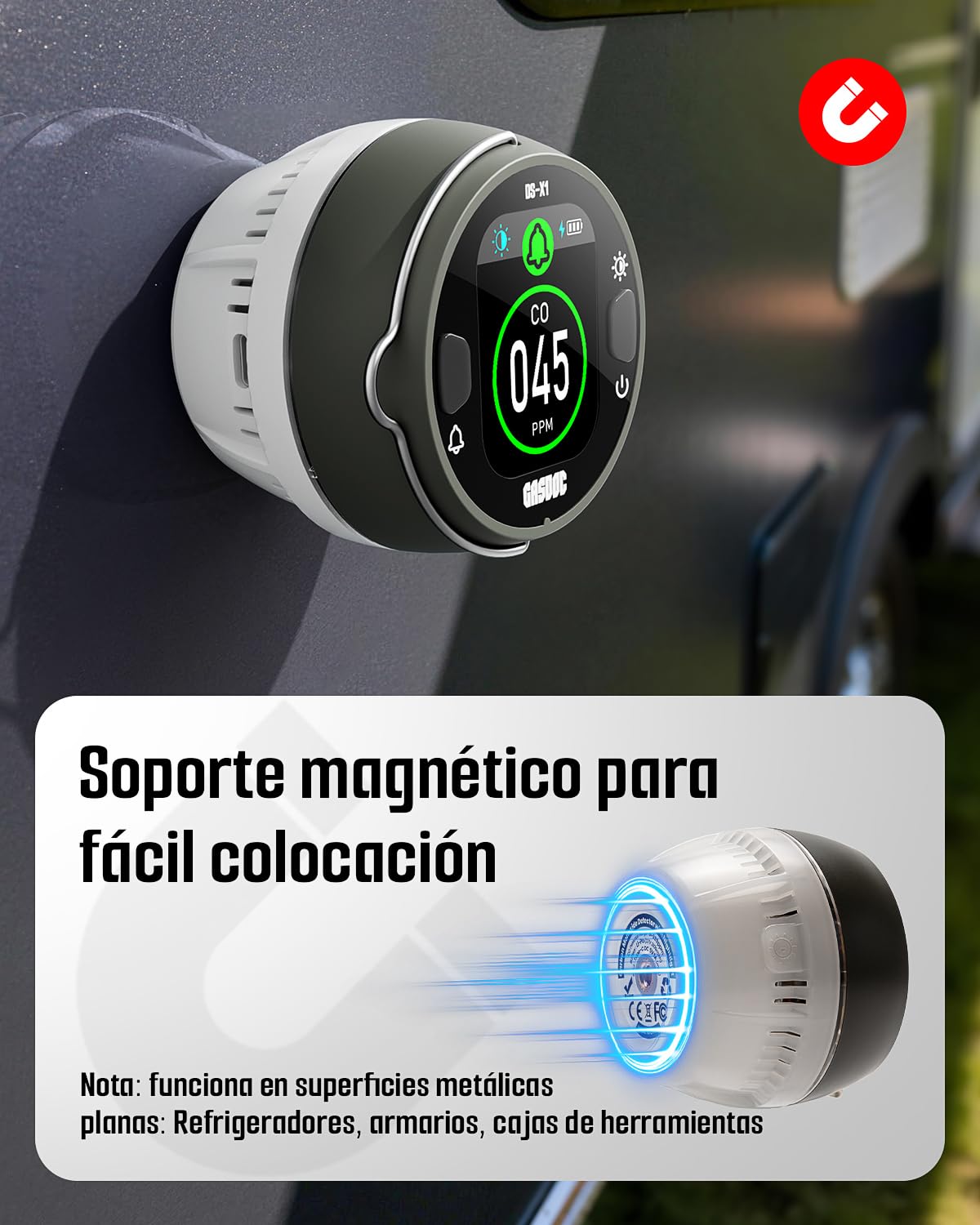 GasDoc DS-X1 Detector Portátil de Monóxido de Carbono con Luz Ambiental, Detector CO con Soporte Magnético y Gancho, Monitor CO de Viaje con Alarma Sonora y Visual para Camping, RV y Coche