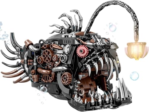 Mechanical Angler Fish Building Block Set for Kids & Adults- STEM Toys for Boys & Girls 8-14+, Deep Sea Ocean Creature Kit, Home/Office Decor with Light, Great Birthday Gift (1038+Pieces)