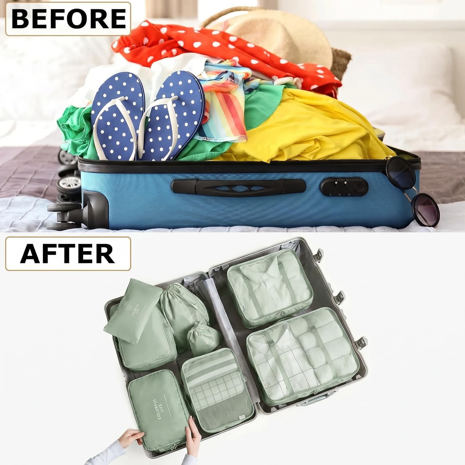 LANSKLBD 6/8 Set Packing Cubes for Suitcases Travel Luggage Packing Organizers,Travel Accessories Essentials Luggage Organizer with Shoe/Tioletry/Laundry Bag (Matcha Green, 8 set) view 5