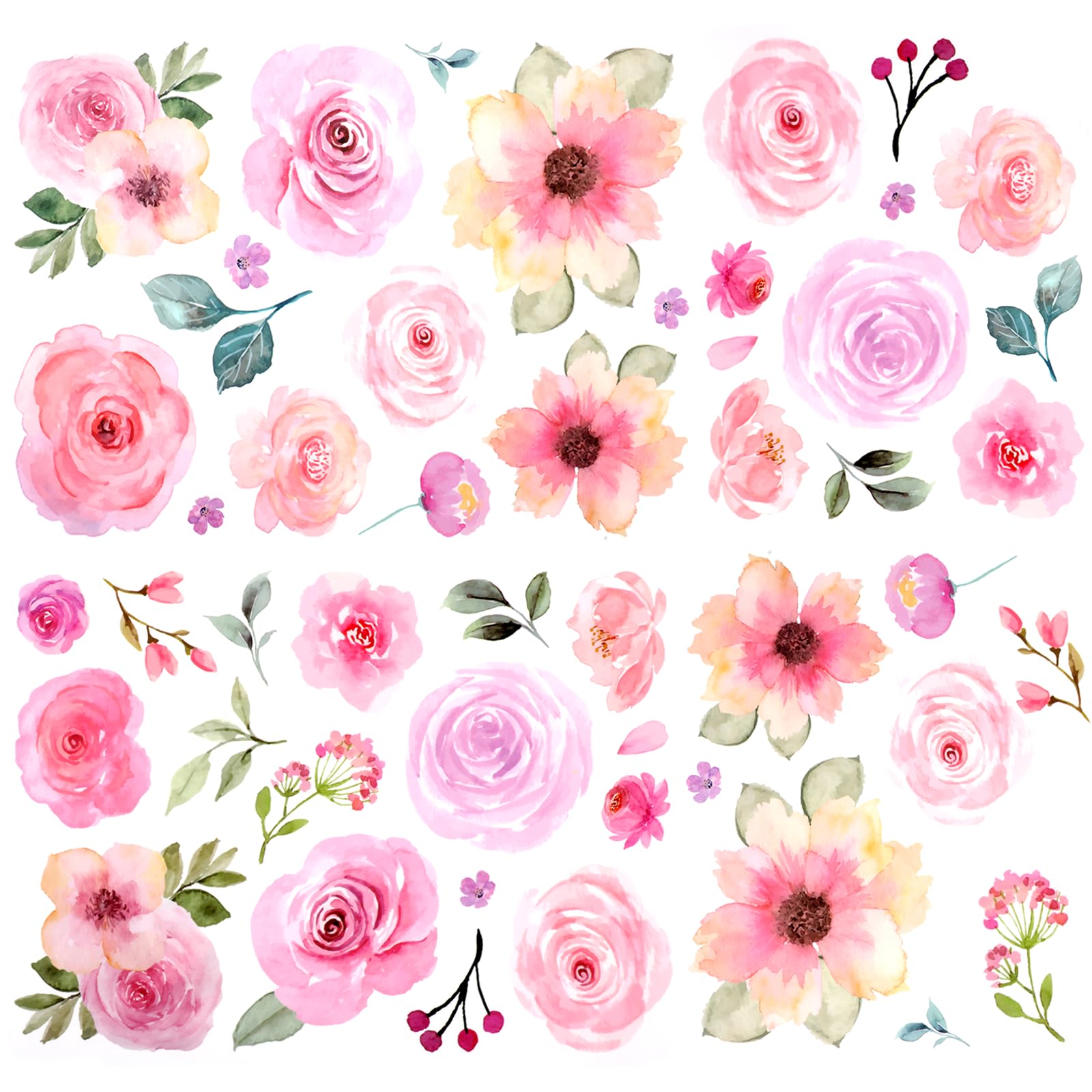 Flower Peel and Stick Wall Decals, 60 Pcs Watercolor Wall Decals Vintage Peonies Wallpaper Peony Floral and Leaves Vinyl Decor for Walls Bedroom Living Room Sofa Background