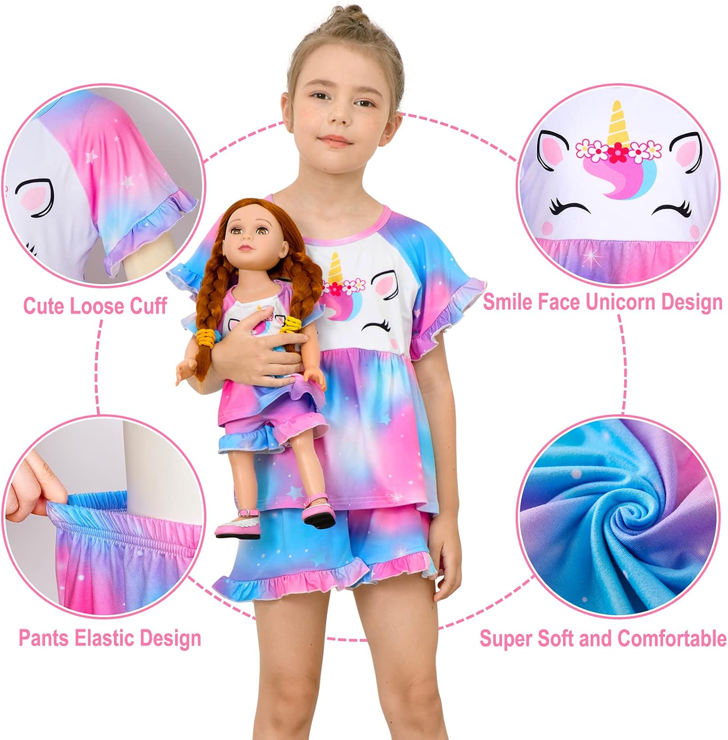 Miniatura 4 de Pijamas a juego para niñas y muñecas, ropa de unicornio para niñas y conjuntos de pijama de muñecas de 18 pulgadas (no incluido)